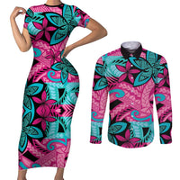 Plumeria Polynesian Pattern Couples Matching Short Sleeve Bodycon Dress and Long Sleeve Button Shirt Unique Fantasy Pink Teal LT01 Pink - Polynesian Pride