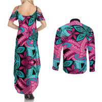 Plumeria Polynesian Pattern Couples Matching Summer Maxi Dress and Long Sleeve Button Shirt Unique Fantasy Pink Teal LT01 - Polynesian Pride