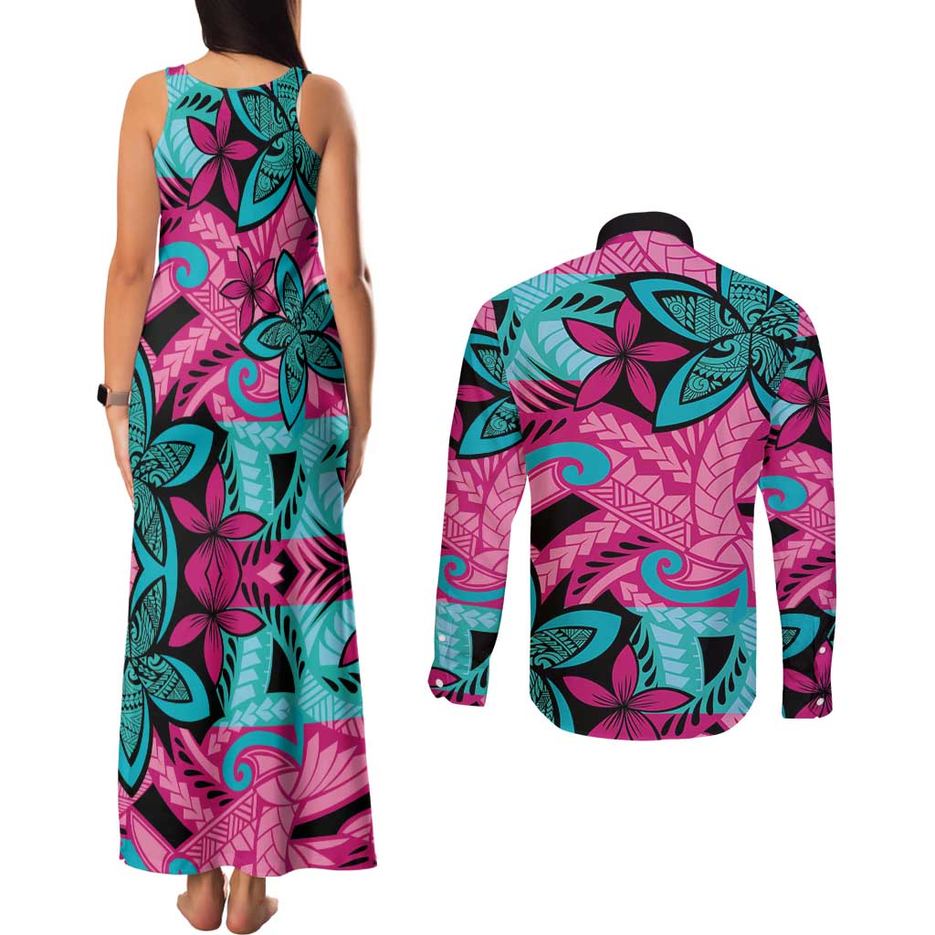 Plumeria Polynesian Pattern Couples Matching Tank Maxi Dress and Long Sleeve Button Shirt Unique Fantasy Pink Teal LT01 - Polynesian Pride