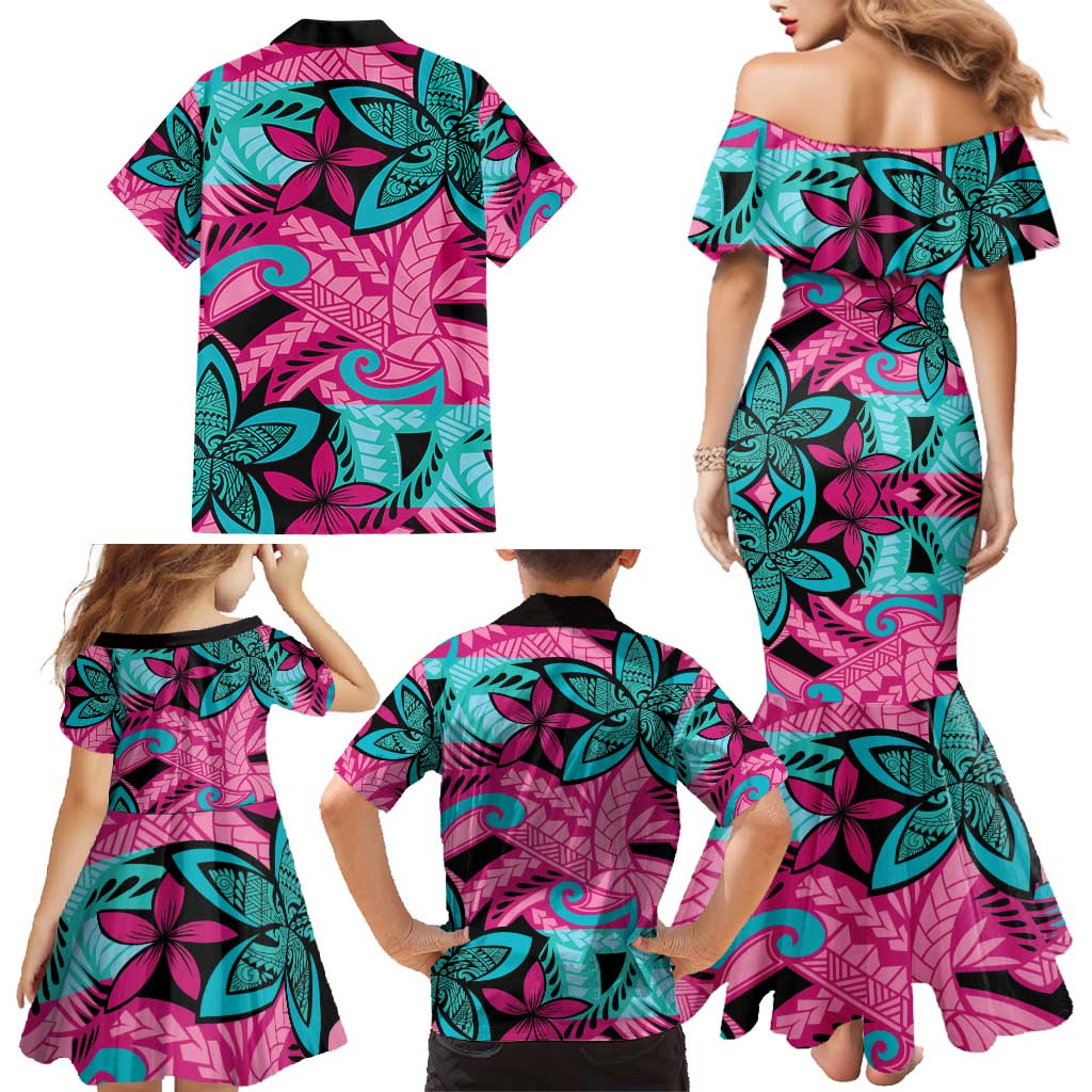 Plumeria Polynesian Pattern Family Matching Mermaid Dress and Hawaiian Shirt Unique Fantasy Pink Teal