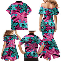 Plumeria Polynesian Pattern Family Matching Mermaid Dress and Hawaiian Shirt Unique Fantasy Pink Teal