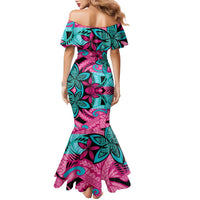 Plumeria Polynesian Pattern Family Matching Mermaid Dress and Hawaiian Shirt Unique Fantasy Pink Teal