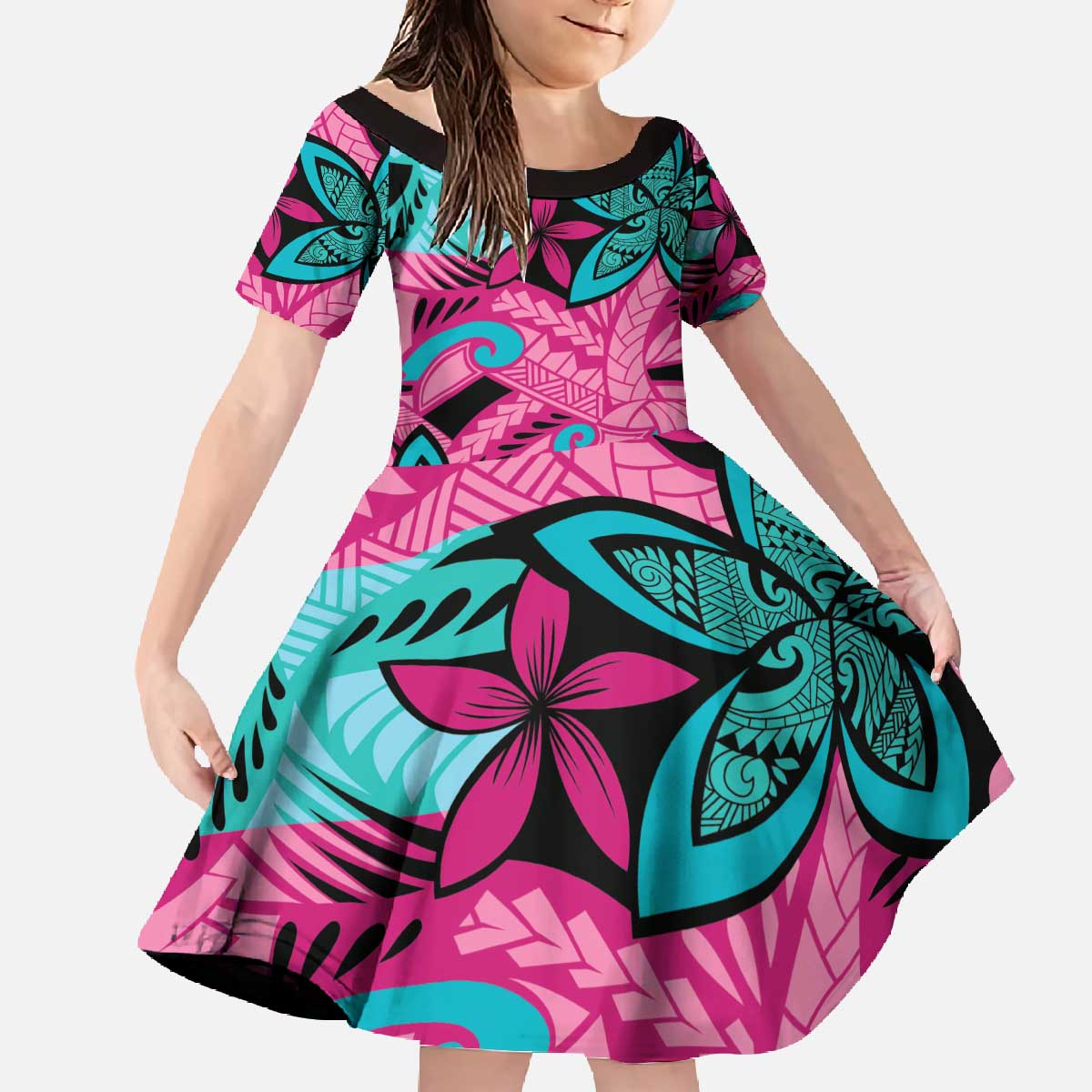 Plumeria Polynesian Pattern Family Matching Off The Shoulder Long Sleeve Dress and Hawaiian Shirt Unique Fantasy Pink Teal