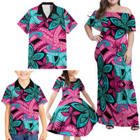 Plumeria Polynesian Pattern Family Matching Off Shoulder Maxi Dress and Hawaiian Shirt Unique Fantasy Pink Teal