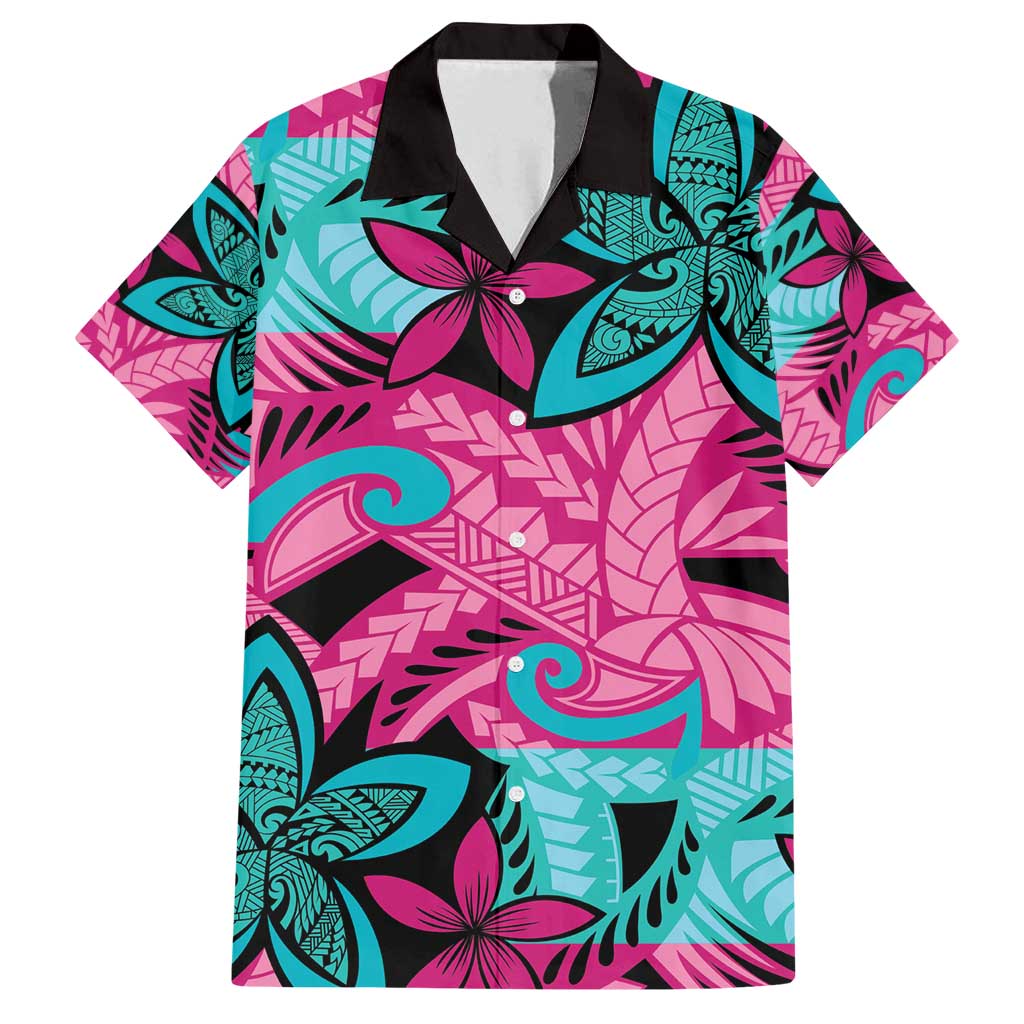 Plumeria Polynesian Pattern Family Matching Off Shoulder Maxi Dress and Hawaiian Shirt Unique Fantasy Pink Teal