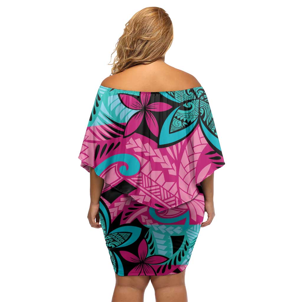 Plumeria Polynesian Pattern Family Matching Off Shoulder Short Dress and Hawaiian Shirt Unique Fantasy Pink Teal