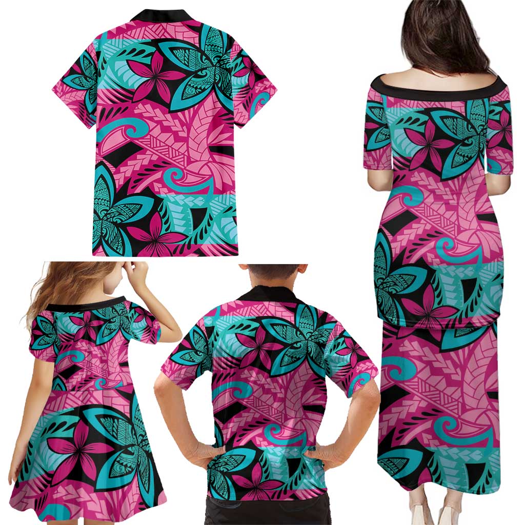 Plumeria Polynesian Pattern Family Matching Puletasi and Hawaiian Shirt Unique Fantasy Pink Teal