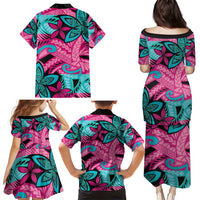 Plumeria Polynesian Pattern Family Matching Puletasi and Hawaiian Shirt Unique Fantasy Pink Teal