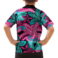 Plumeria Polynesian Pattern Family Matching Short Sleeve Bodycon Dress and Hawaiian Shirt Unique Fantasy Pink Teal