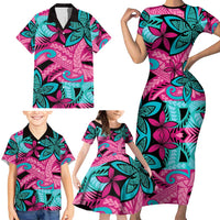 Plumeria Polynesian Pattern Family Matching Short Sleeve Bodycon Dress and Hawaiian Shirt Unique Fantasy Pink Teal