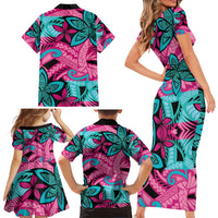 Plumeria Polynesian Pattern Family Matching Short Sleeve Bodycon Dress and Hawaiian Shirt Unique Fantasy Pink Teal