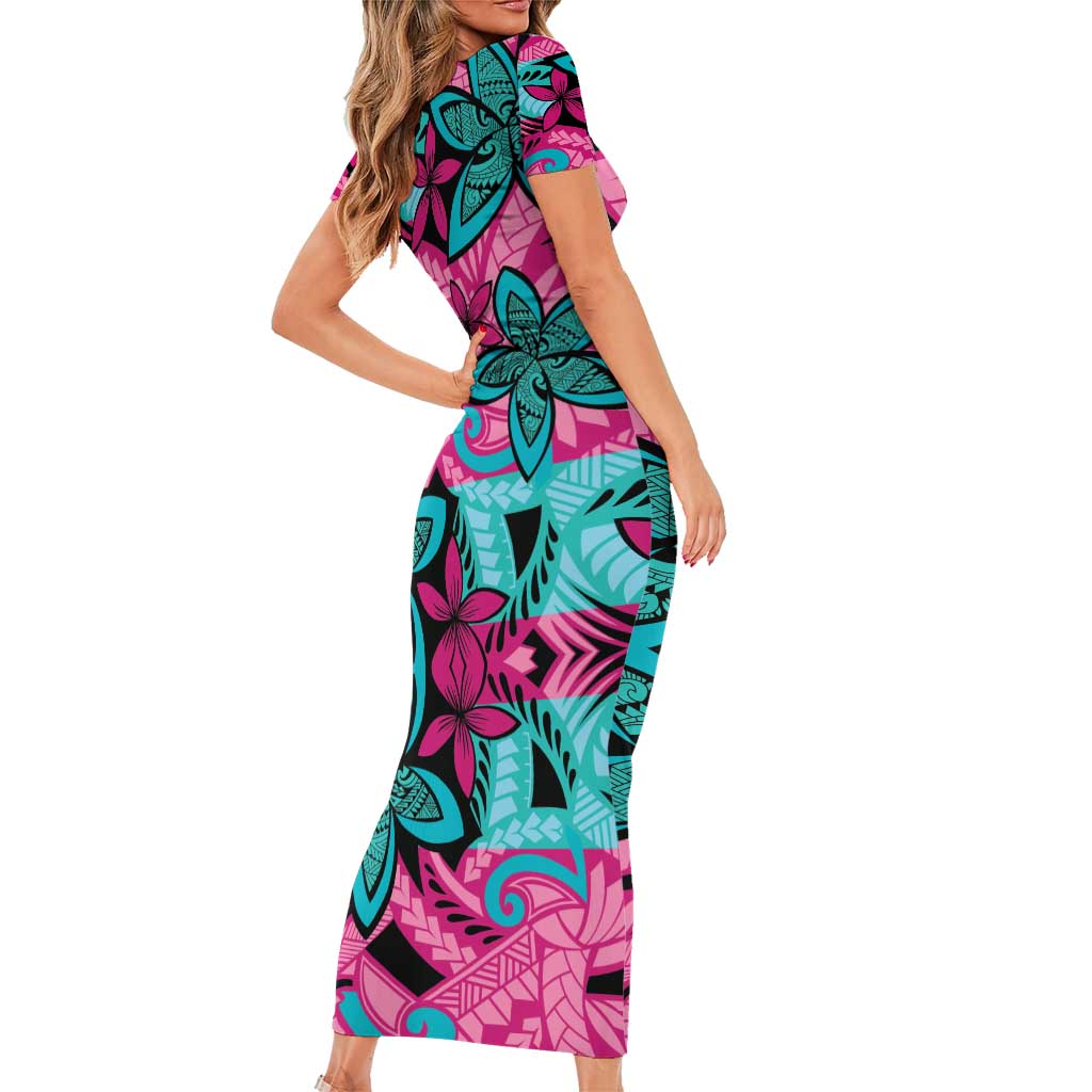 Plumeria Polynesian Pattern Family Matching Short Sleeve Bodycon Dress and Hawaiian Shirt Unique Fantasy Pink Teal