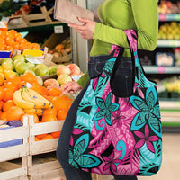 Plumeria Polynesian Pattern Grocery Bag Unique Fantasy Pink Teal