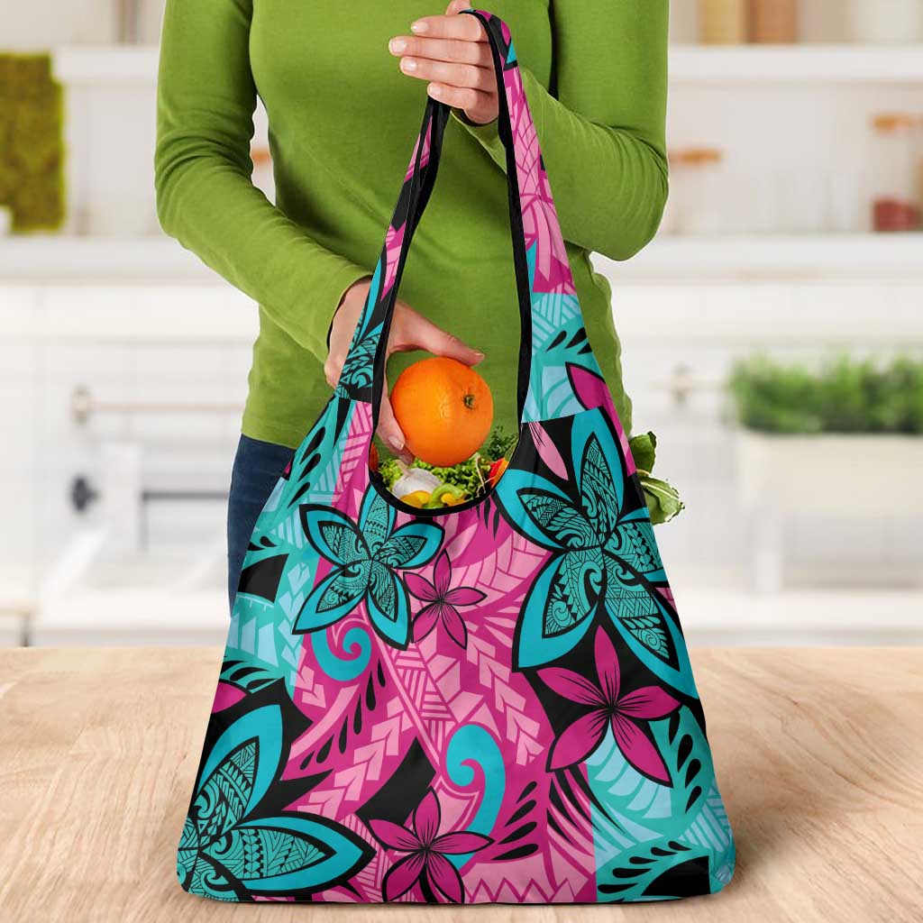 Plumeria Polynesian Pattern Grocery Bag Unique Fantasy Pink Teal