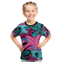 Plumeria Polynesian Pattern Kid T Shirt Unique Fantasy Pink Teal