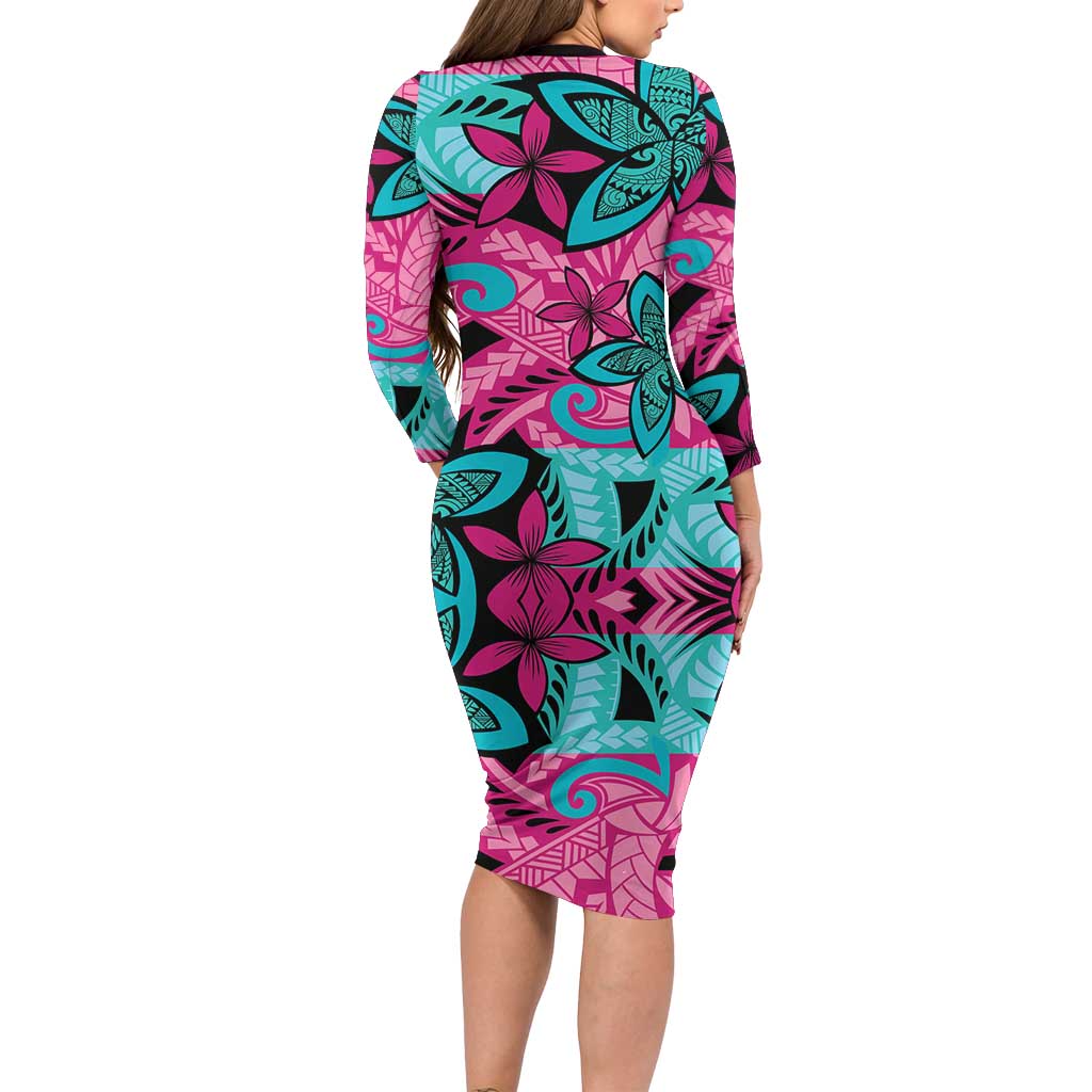 Plumeria Polynesian Pattern Long Sleeve Bodycon Dress Unique Fantasy Pink Teal