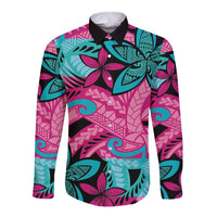 Plumeria Polynesian Pattern Long Sleeve Button Shirt Unique Fantasy Pink Teal LT01 Unisex Pink - Polynesian Pride