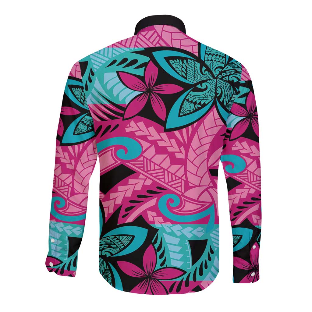Plumeria Polynesian Pattern Long Sleeve Button Shirt Unique Fantasy Pink Teal LT01 - Polynesian Pride
