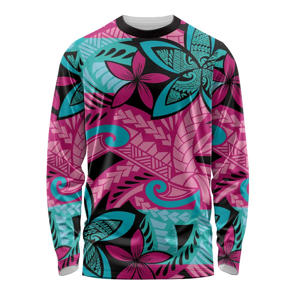 Plumeria Polynesian Pattern Long Sleeve Shirt Unique Fantasy Pink Teal LT01 Unisex Pink - Polynesian Pride