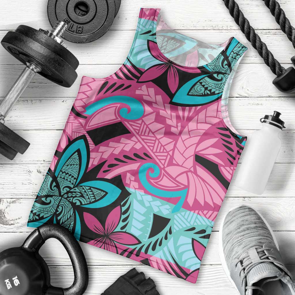 Plumeria Polynesian Pattern Men Tank Top Unique Fantasy Pink Teal LT01 - Polynesian Pride