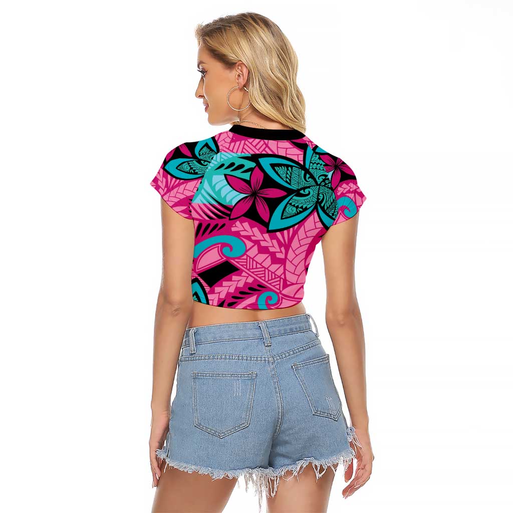 Plumeria Polynesian Pattern Raglan Cropped T Shirt Unique Fantasy Pink Teal