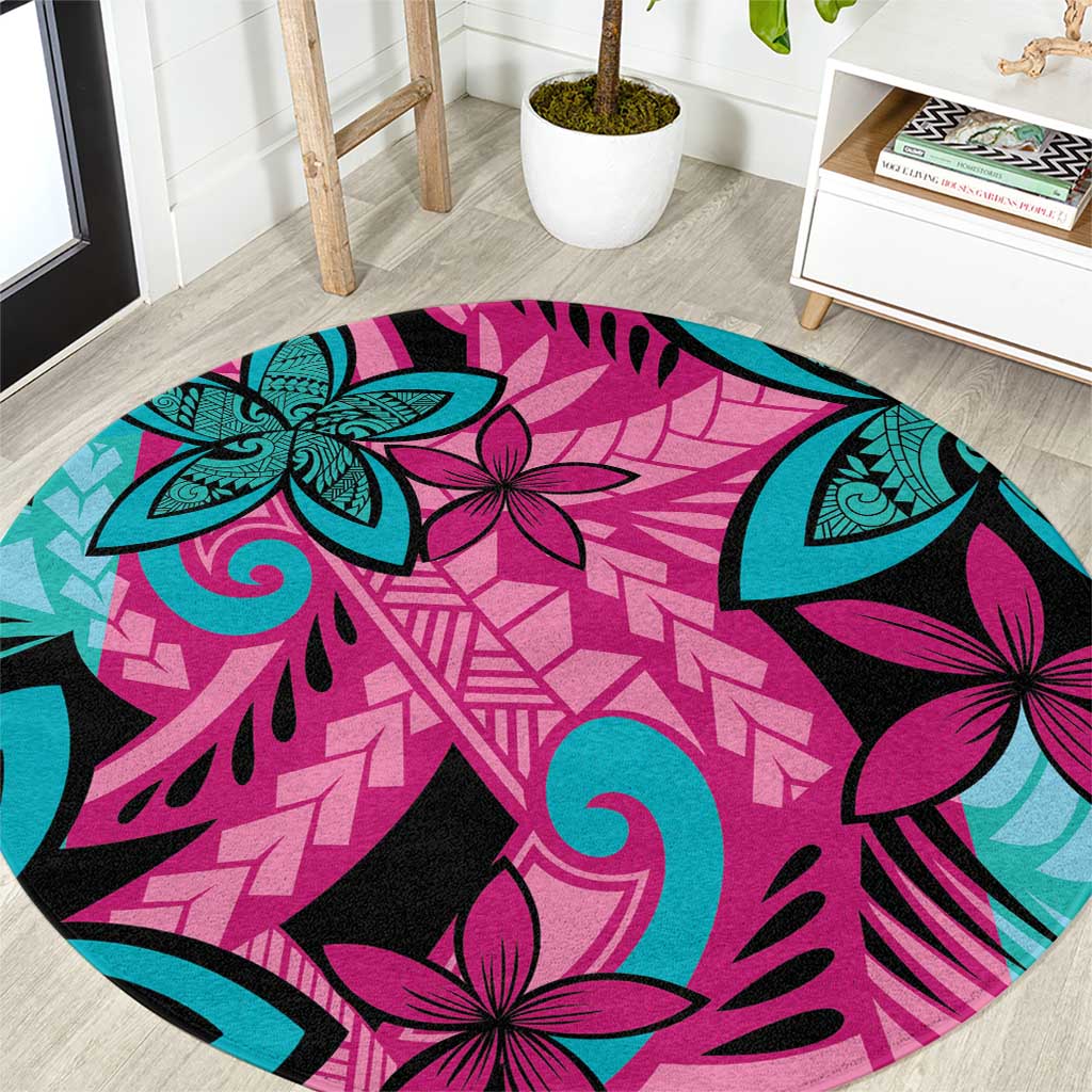 Plumeria Polynesian Pattern Round Carpet Unique Fantasy Pink Teal