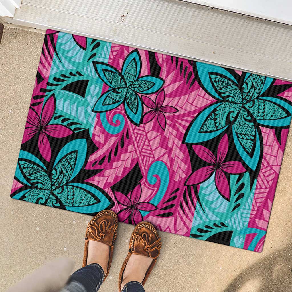 Plumeria Polynesian Pattern Rubber Doormat Unique Fantasy Pink Teal LT01 - Polynesian Pride