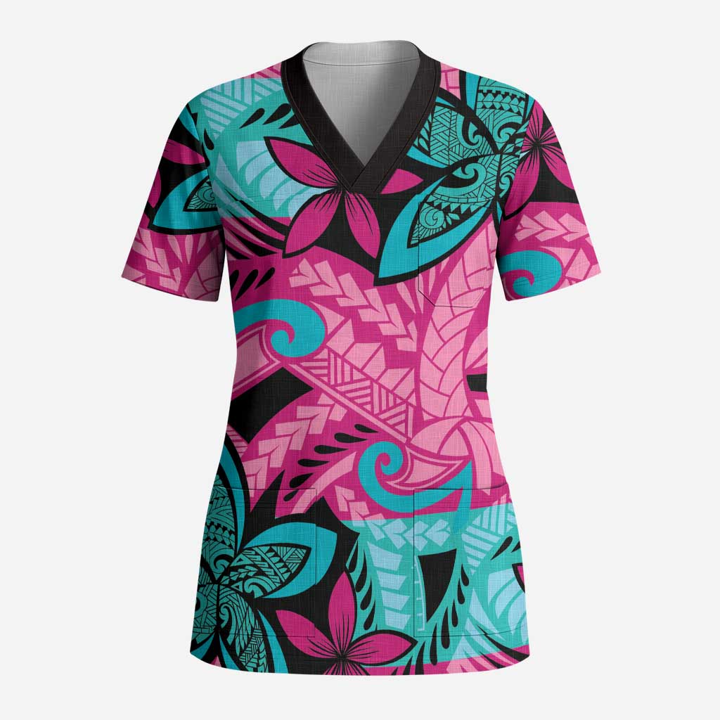 Plumeria Polynesian Pattern Scrub Top Unique Fantasy Pink Teal LT01 Adult Pink - Polynesian Pride
