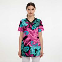 Plumeria Polynesian Pattern Scrub Top Unique Fantasy Pink Teal LT01 - Polynesian Pride