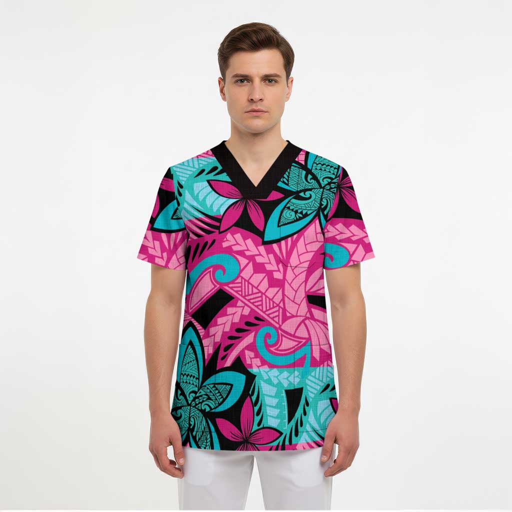 Plumeria Polynesian Pattern Scrub Top Unique Fantasy Pink Teal LT01 - Polynesian Pride