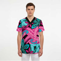 Plumeria Polynesian Pattern Scrub Top Unique Fantasy Pink Teal LT01 - Polynesian Pride