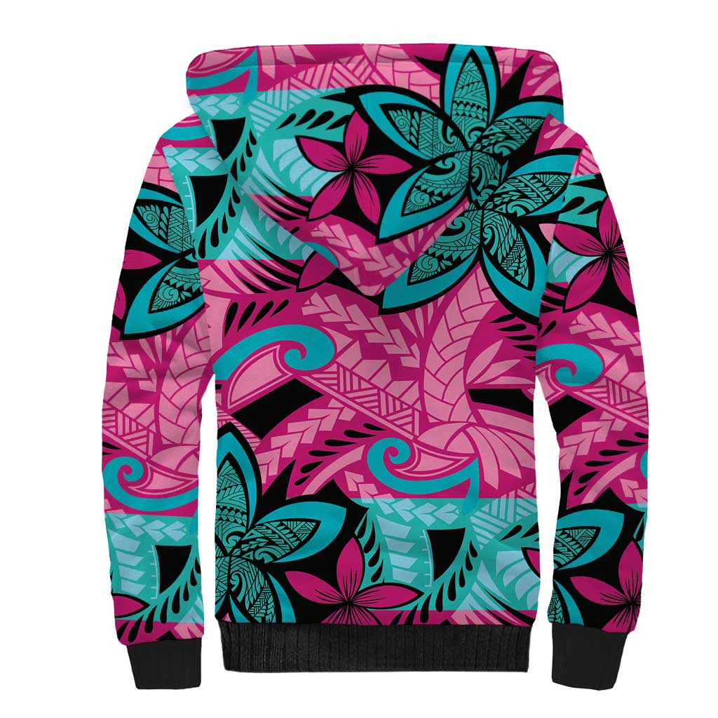 Plumeria Polynesian Pattern Sherpa Hoodie Unique Fantasy Pink Teal LT01 - Polynesian Pride