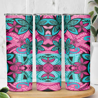 Plumeria Polynesian Pattern Skinny Tumbler Unique Fantasy Pink Teal