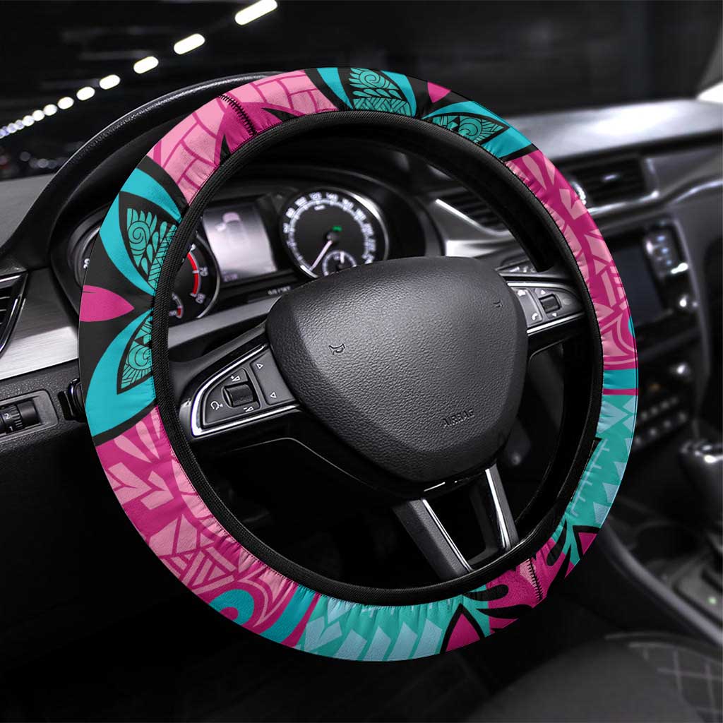 Plumeria Polynesian Pattern Steering Wheel Cover Unique Fantasy Pink Teal LT01 Universal Fit Pink - Polynesian Pride