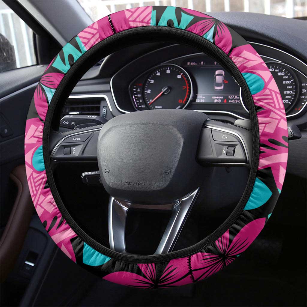 Plumeria Polynesian Pattern Steering Wheel Cover Unique Fantasy Pink Teal LT01 - Polynesian Pride