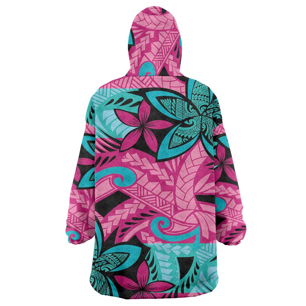 Plumeria Polynesian Pattern Wearable Blanket Hoodie Unique Fantasy Pink Teal LT01 - Polynesian Pride