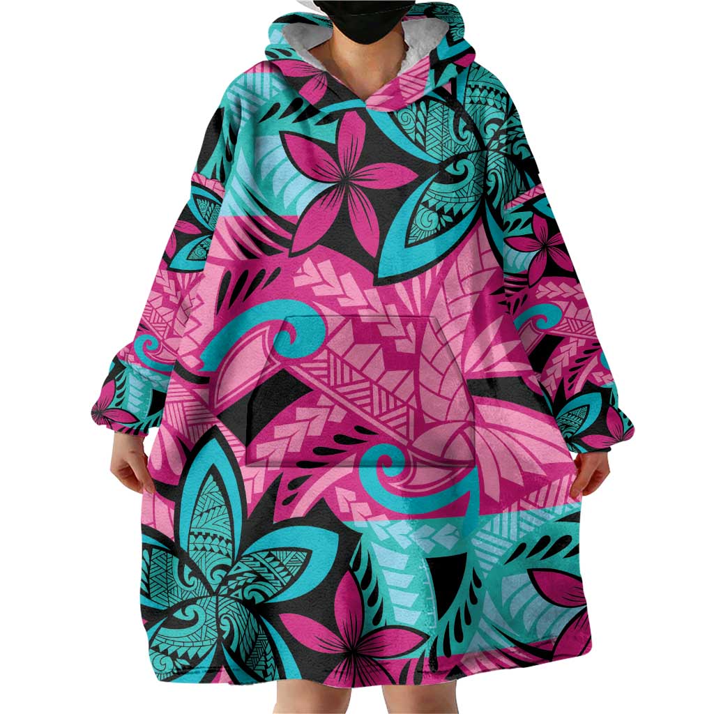 Plumeria Polynesian Pattern Wearable Blanket Hoodie Unique Fantasy Pink Teal LT01 - Polynesian Pride