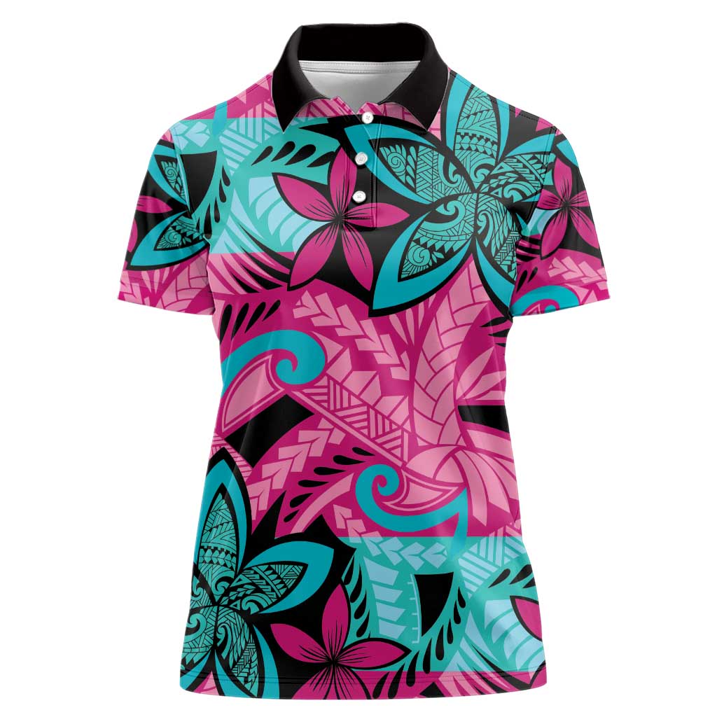 Plumeria Polynesian Pattern Women Polo Shirt Unique Fantasy Pink Teal