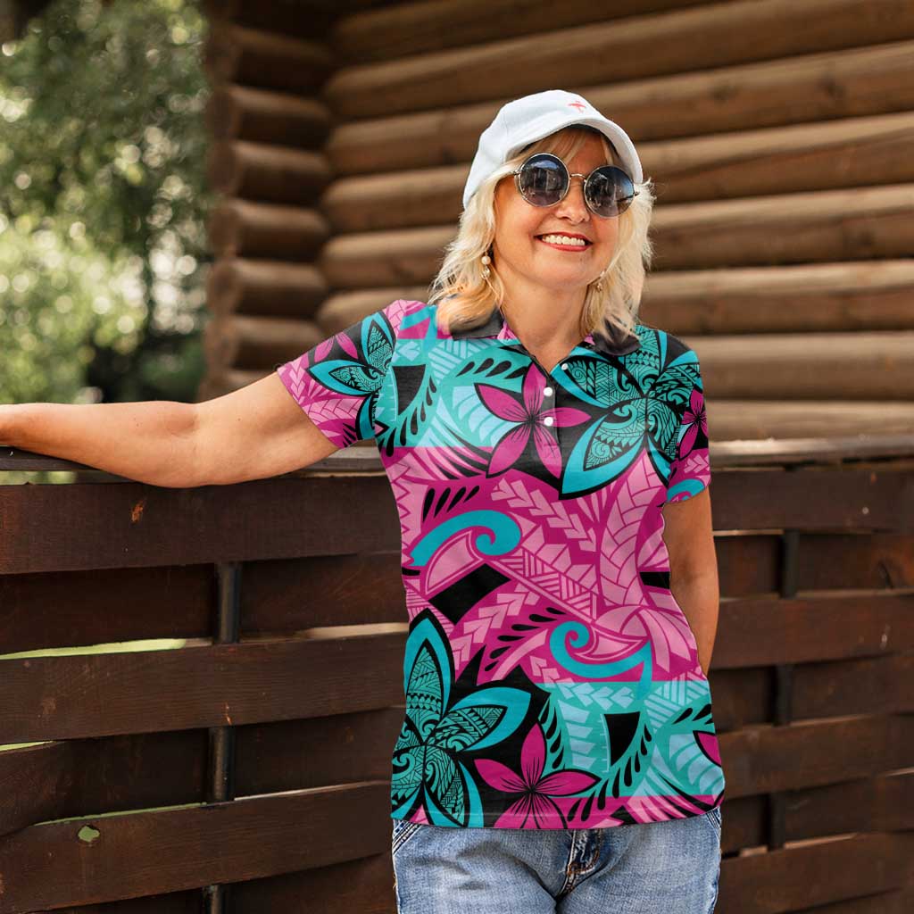 Plumeria Polynesian Pattern Women Polo Shirt Unique Fantasy Pink Teal