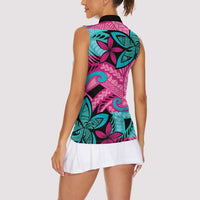 Plumeria Polynesian Pattern Women Sleeveless Polo Shirt Unique Fantasy Pink Teal