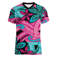 Plumeria Polynesian Pattern Women V-Neck T-Shirt Unique Fantasy Pink Teal
