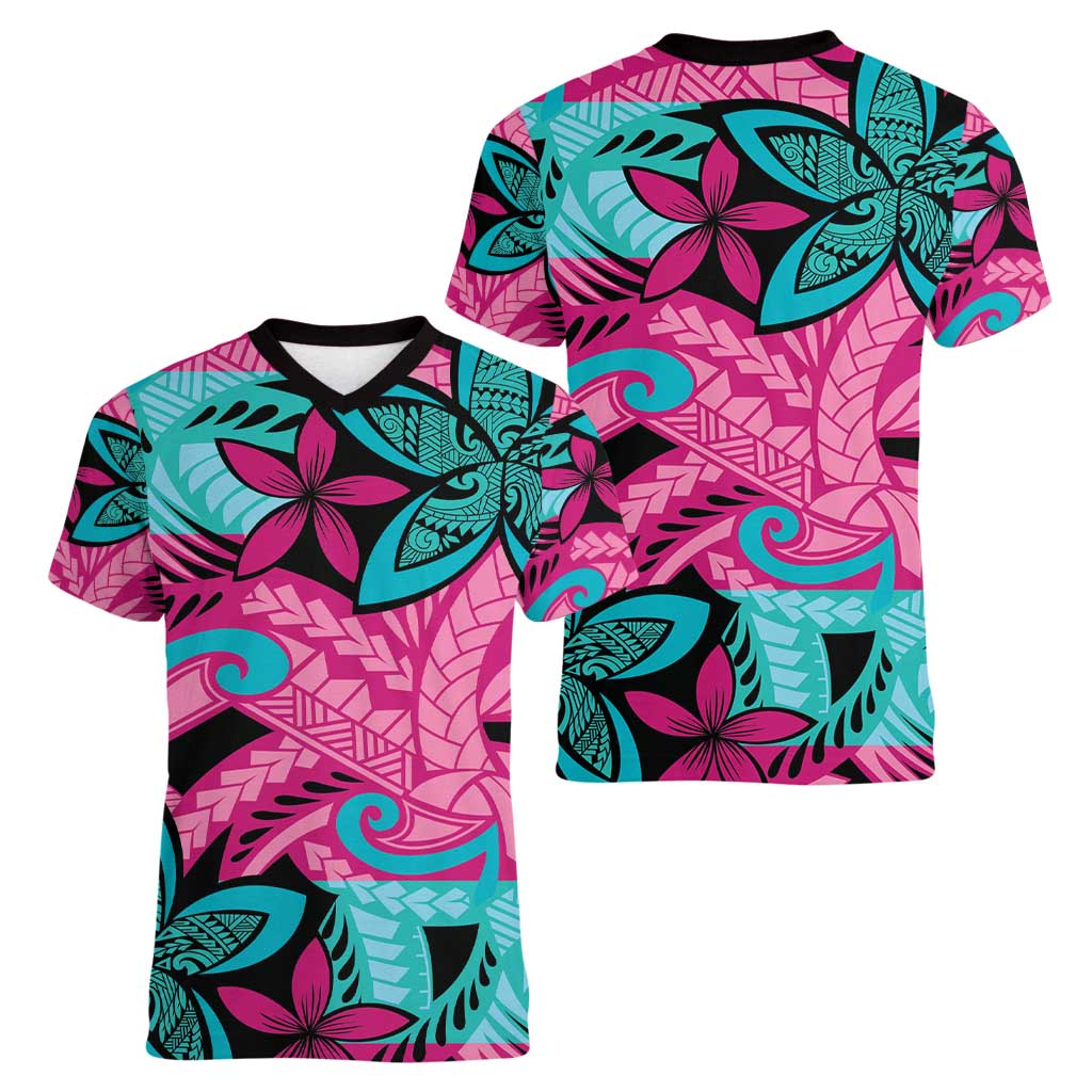 Plumeria Polynesian Pattern Women V-Neck T-Shirt Unique Fantasy Pink Teal