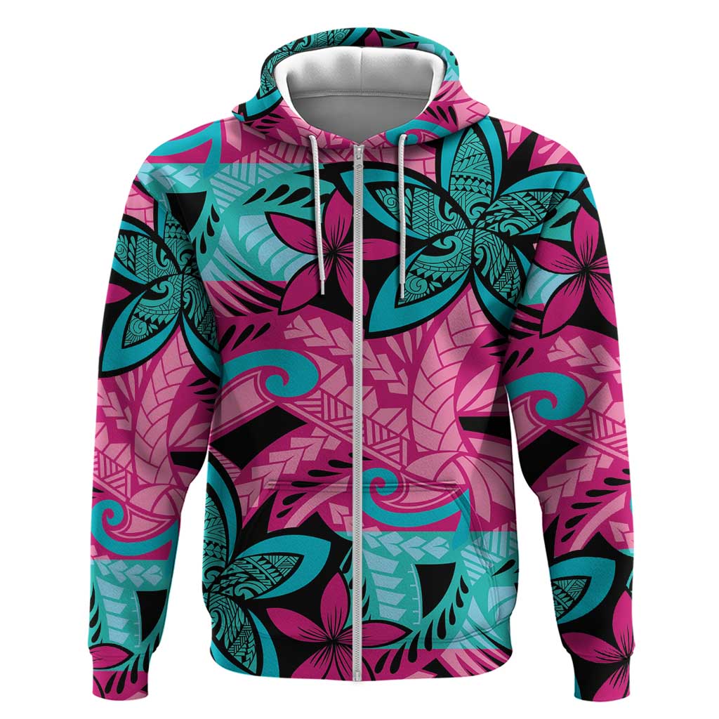 Plumeria Polynesian Pattern Zip Hoodie Unique Fantasy Pink Teal