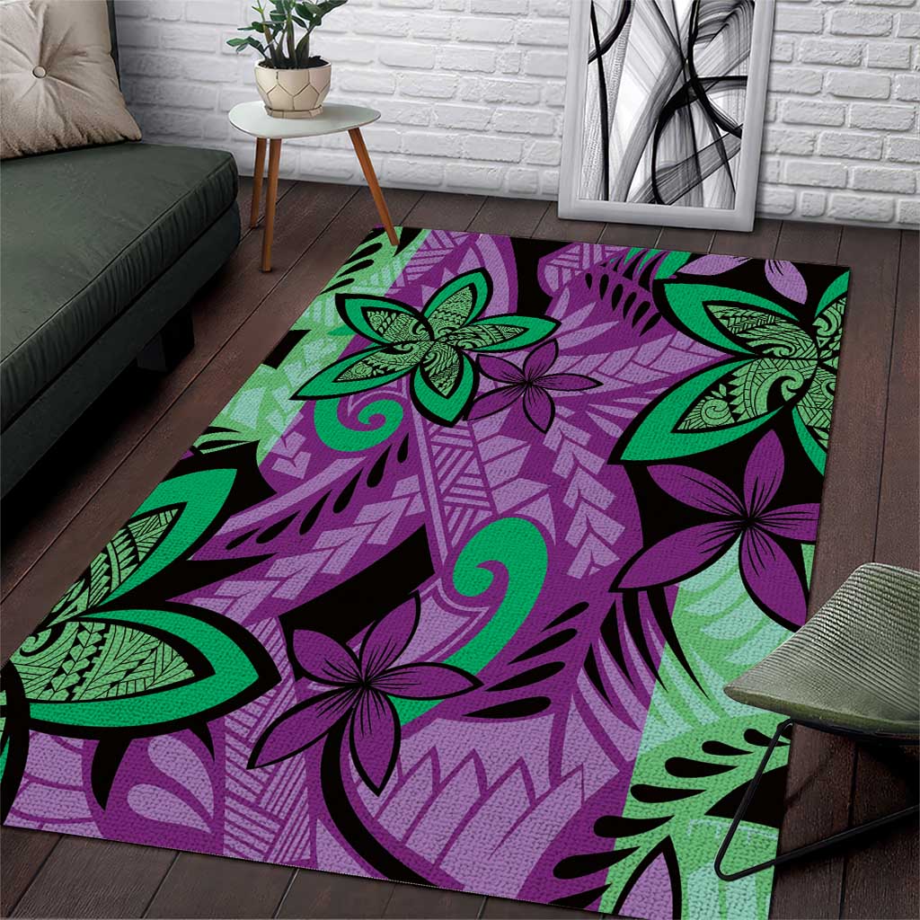 Plumeria Polynesian Pattern Area Rug Unique Fantasy Purple Green