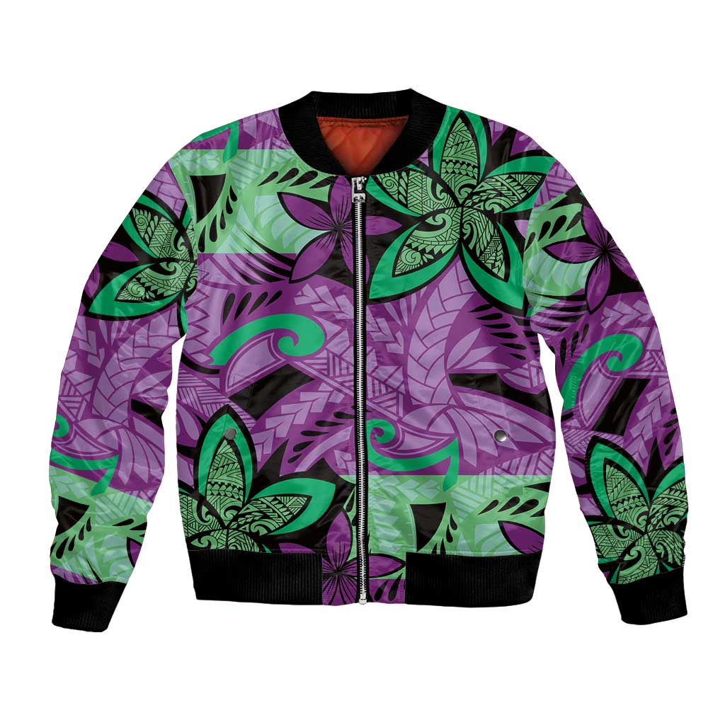 Plumeria Polynesian Pattern Bomber Jacket Unique Fantasy Purple Green