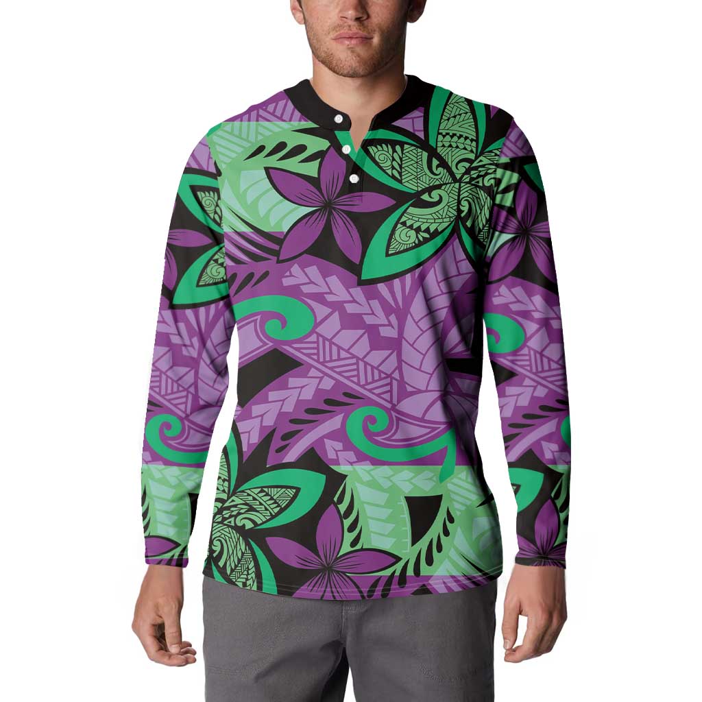 Plumeria Polynesian Pattern Button Sweatshirt Unique Fantasy Purple Green LT01 - Polynesian Pride