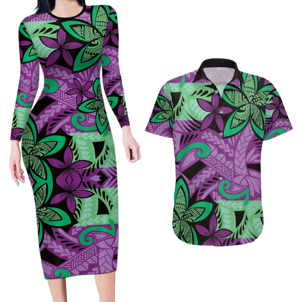 Plumeria Polynesian Pattern Couples Matching Long Sleeve Bodycon Dress and Hawaiian Shirt Unique Fantasy Purple Green LT01 Purple - Polynesian Pride