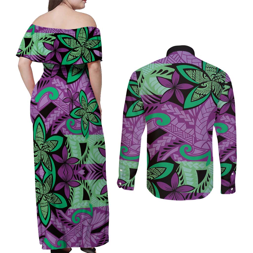 Plumeria Polynesian Pattern Couples Matching Off Shoulder Maxi Dress and Long Sleeve Button Shirt Unique Fantasy Purple Green LT01 - Polynesian Pride