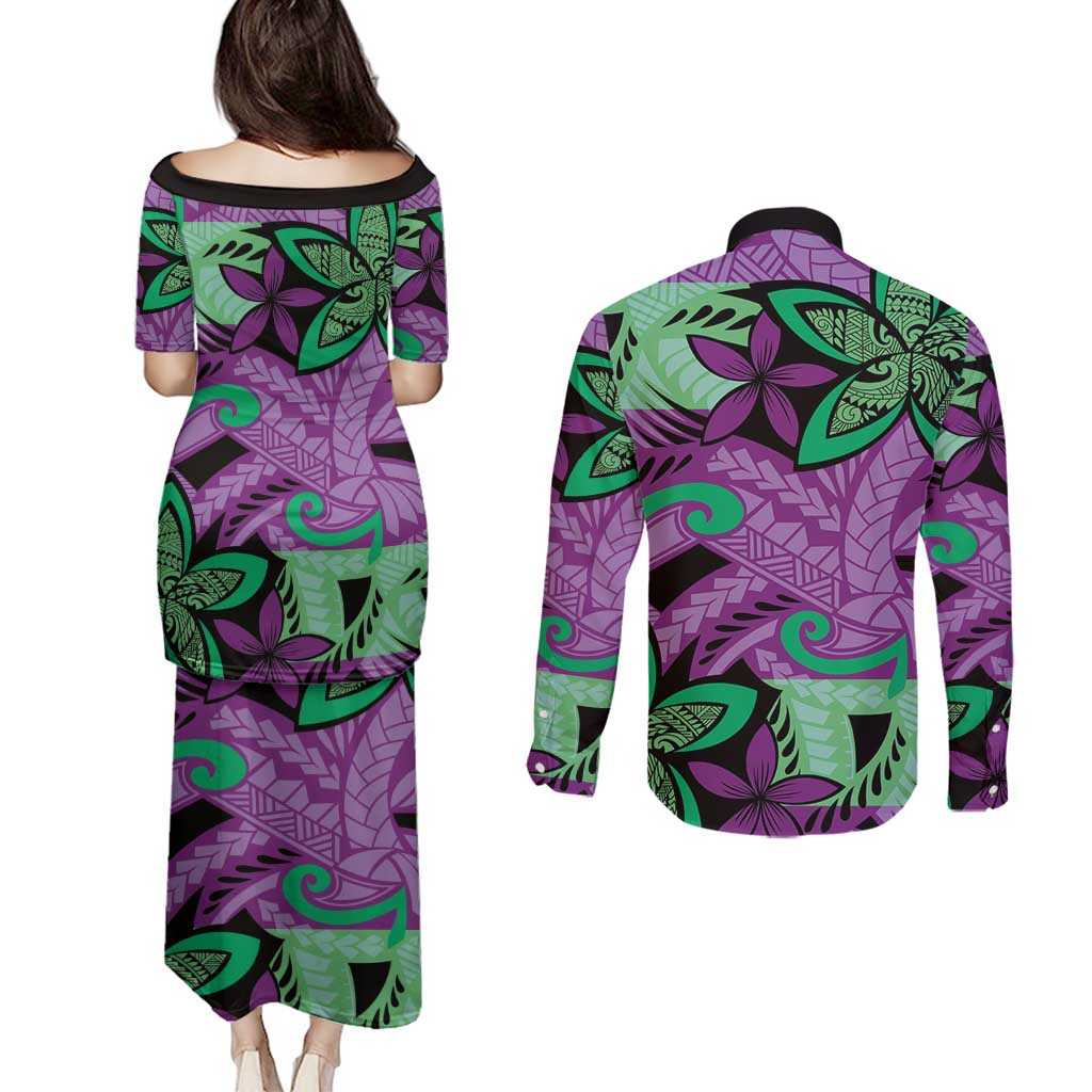 Plumeria Polynesian Pattern Couples Matching Puletasi and Long Sleeve Button Shirt Unique Fantasy Purple Green LT01 - Polynesian Pride