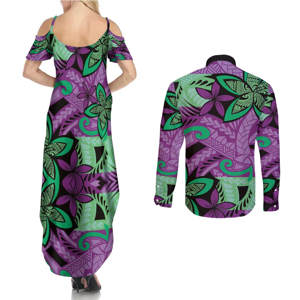 Plumeria Polynesian Pattern Couples Matching Summer Maxi Dress and Long Sleeve Button Shirt Unique Fantasy Purple Green LT01 - Polynesian Pride